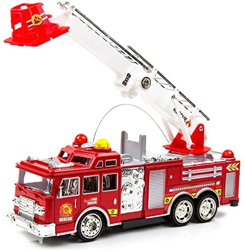 Toysery Fire Truck Toy with 3D Flashing Lights, Siren and Fire Fighter Sounds Effects. Extendable Rotating Rescue Ladder for Boys & Girls Ages 3-7+