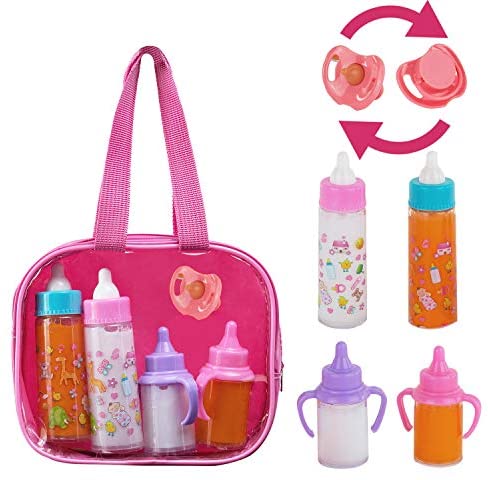 fash n kolor, My Sweet Baby Disappearing Doll Feeding Set | Baby Care 4 Piece Doll Feeding Set for Toy Stroller | 2 Milk & Juice Bottles with Toy Pacifier for Baby Doll,