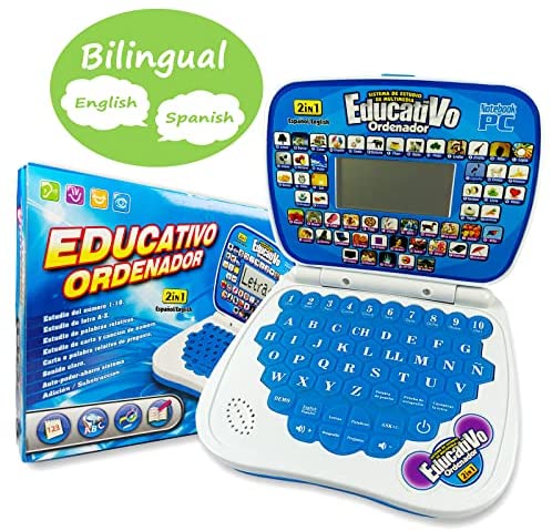 ZeenKind Bilingual Spanish English Learning Laptop Toy with Screen for Kids, Toddlers, Boys and Girls | Educational Computer to Learn Alphabet ABC, Numbers, Words, Spelling, Maths, Music