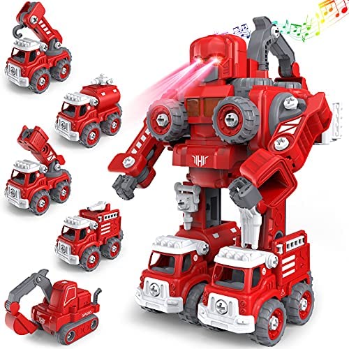 Toys for 4 5 6 7 8 Year Old Boys, TOYABI Fire Truck Toy Take Apart Robot Toys Vehicle Set 5 in 1 Robot Toys Kids Ages 4-8 STEM Toys Vehicles Christmas Birthday Gifts for Boys Girls Kids
