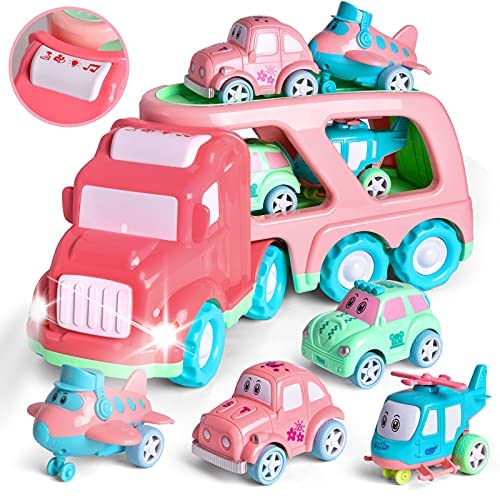 FUN LITTLE TOYS Cartoon Vehicles Car Carrier Truck Pink Toy for Girls with Lights and Sounds, Toys for 2 Year Old Girls, 5 in 1 Push and Go Trailer