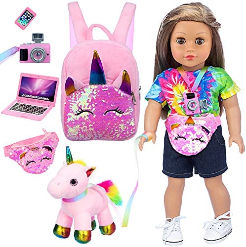 Ecore Fun 6 Piece American 18 Inch Girl Doll Accessories Included Doll Pet Toy Phone Laptop Camera Fit for 18 Inch Girl Doll and Unicorn Backpack for Kids-Best Gift for Your Child