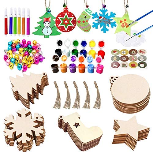 VLUSSO 50Pcs Unfinished Wooden Christmas Ornaments 5 Styles Christmas Tree Ornaments Decorations - DIY Arts and Crafts Christmas Crafts for Kids with 50 Colorful Bells 6 Color Pens 2 Color Paint Set