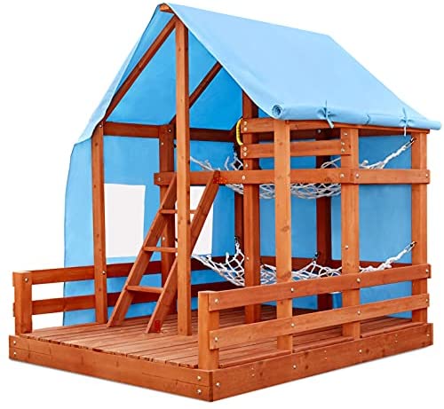 Little Tikes Real Wood Adventures Outdoor Glamping House, Backyard Bungalow Fun, Up to 5 Kids, 2 Bunk Hammocks, Outdoor Lights, Wooden Deck with Playhouse for Kids, Gift for Girls Boys Ages 3 +Years
