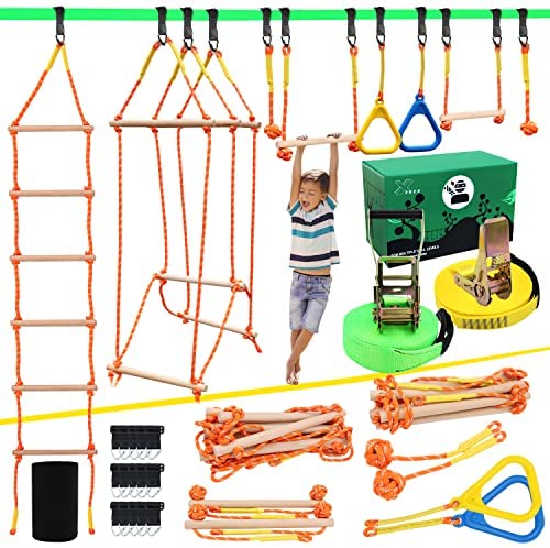 X XBEN Obstacle Course for Kid, 2 X Kit 50' with 8 Accessories Monkey Bar, Gymnastics Ring, 68