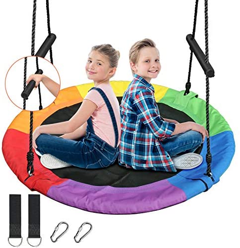 Treeswin Saucer Tree Swing 40 Inch, 700 lb Weight Capacity Outdoor Flying Swing with Tree Strap, 900D Oxford Fabric Waterproof Durable Steel Frame and Carabiner for Playground and Backyard (Rainbow)