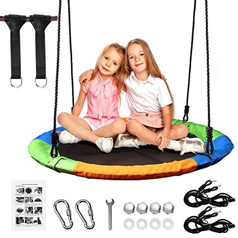 Cavinal 40” Flying Saucer Tree Swing Set, Kids Indoor Outdoor Round Mat with Adjustable Hanging Tree Straps & Stainless Carabiners, 660lb Weight Capacity, Playground, Easy to Install, Multicolored