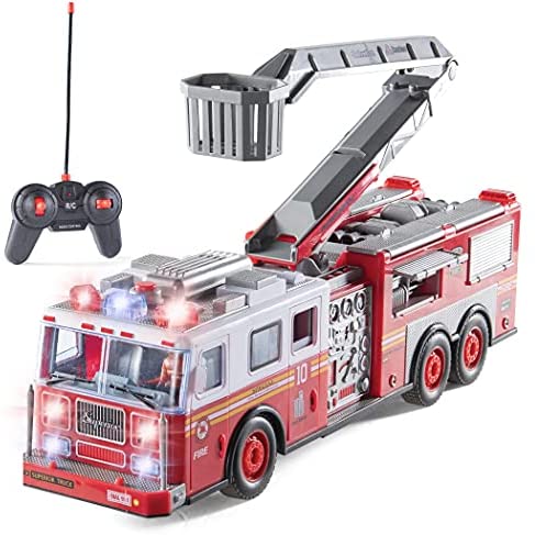 Prextex RC Remote Control Fire Truck Toy for Kids with Remote Control, Lights, and Siren Sounds Large 14-Inch Fire Truck Best Gifts Toys for Boys