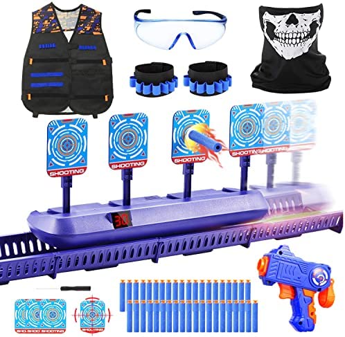 Fibevon Moving Shooting Targets for Nerf Guns Practice, Electronic Score Target Set Toy w/Blaster, Vest, Glasses, Bandanas, Wristbands and Foam Darts, Ideal Gift Toys for Kids, Boys, Girls Aged 5-13