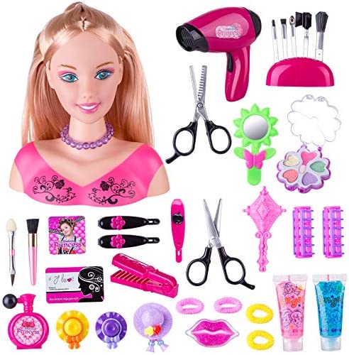 HMANE Styling Head Doll for Girls, 34Pcs Deluxe Hairstyle Head Makeup Toys Styling Doll Head with Hair Dryer Accessories Girls