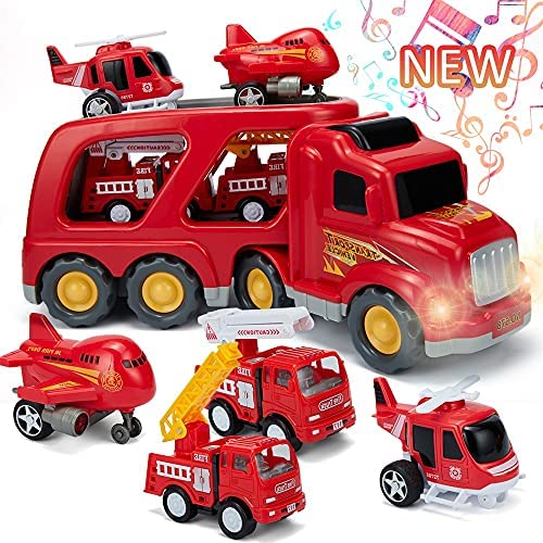 5-in-1 Fire Carrier Truck Transport Car Play Vehicles - Friction Powered Car Carrier Trailer with Sound & Bright Flashing Light, Push and Go Play Vehicles Toys w/ Mini Cartoon Bus/Taxi/Airplane