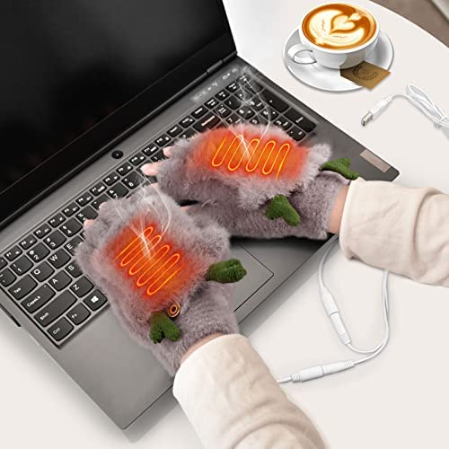 Elk USB Heated Gloves, Winter Hands Warm Laptop Gloves Warmer Full & Half Fingerless Gloves Mittens Washable Heating Knitted Gloves for Girls Ladies Women Gifts (Light Coffee)