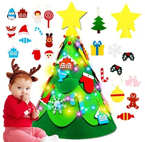 DIY Felt Christmas Tree,3D Christmas Tree Decor Set with 26PCS Hanging Ornaments and LED String Light (10'') Felt Craft Ornament Kit Xmas Felt Gift Toys