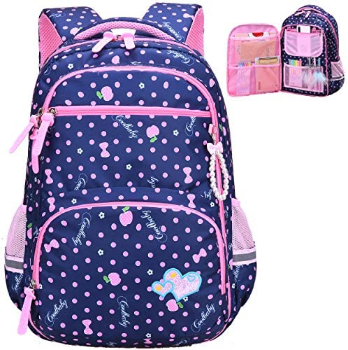 Water Resistant Girls Backpack for Primary Elementary School Large Kids Bookbag Laptop Bag (Large, Style 1- Blue)