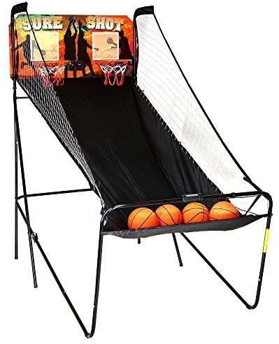 Hathaway Sure Shot Dual Electronic Basketball Arcade Game with Electronic Digital Scoring and Timer, Easy Folding for Storage, 4 Balls and 2 Nets, Black/Orange
