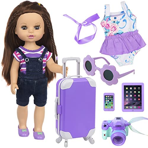 Ecore Fun American 14.5 Inch Baby Doll and Doll Suitcase Travel Luggage Accessories Play Set- Include 1 Baby Girl Doll 2 Clothes 1 Suitcase Toy Camera Phone and Pad Gift Set for Your Kids