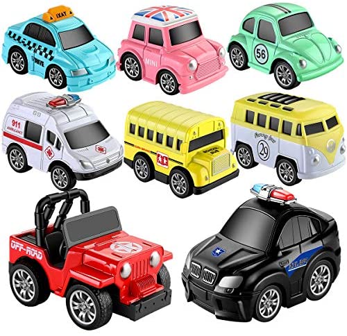 Geyiie Toys Pull Back Vehicles, Car Toy Play Set, 8 Packs, Friction Powered Die-cast Cars Trucks Playset for Boys Girls Toddler Kids Indoor Outdoor Gifts Party Favors