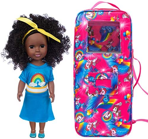 Ecore Fun 14.5 Inch Black Girl Doll and Doll Bag Travel Sets American 14.5 inch Doll Travel Case Suitcase Storage Bag Carry Bag with Multi-Pocket Best Gift for Kids