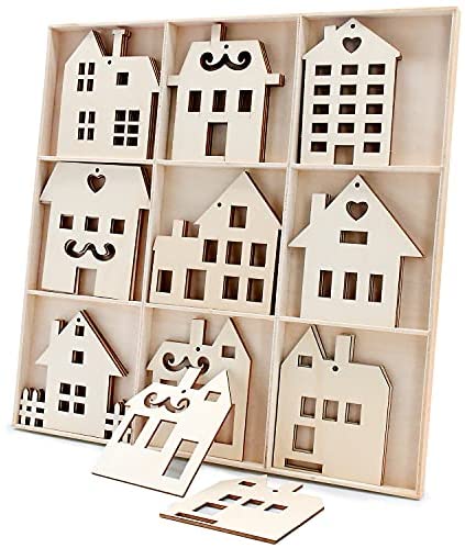 27PCS Wooden House Shaped Embellishments Unfinished Blank Wood Hanging Ornaments for Farmhouse Christmas Tree Decoration, Christmas Gifts for Kids