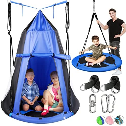 Kids Hanging Tent Saucer Swing - Detachable Tent Cover - Giant Hammock Nest Pod Hanging Round Circular Flying Swing Swing Set - Cushion Padded Metal Frame, Outdoor Indoor Swing - Serenelife (Blue)