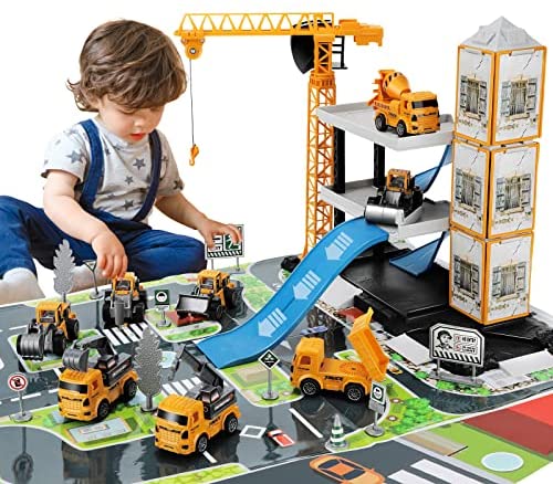 TEMI Construction Vehicles Toy for Boys, 60PCS Kids Engineering Trucks Vehicle w/ Tractor, Crane, Dump, Excavator and Map, Birthday Gift Toys for 3 4 5 6 7 Year Old Boys Children Toddlers