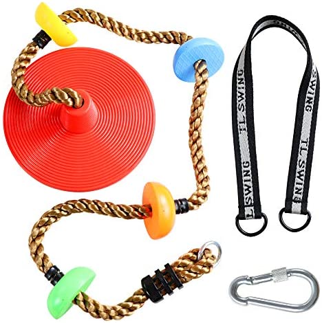 Climbing Rope Tree Swing with Platforms and Disc Swing Seat Set Outdoor Playground Accessories for Kids Including Hanging Strap & Carabiner