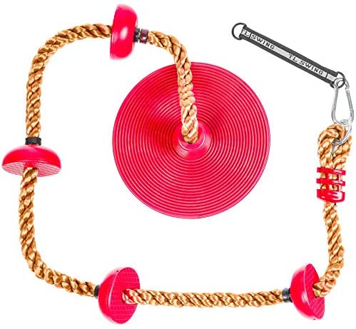 Tree Climbing Rope and Kids Swing: Climbing Rope for Kids with Foot Hold Platforms, Disc Tree Swing Seat, and Hanging Kit with Tree Strap - Outdoor Swings and Swing Set Accessories - Rope Swing, Red