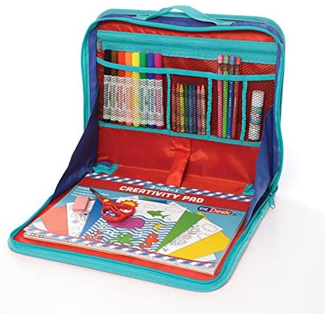 EZDesk Travel Activity Kit, Laptop Style Desk with Writing and Craft Accessories for Children, 64 Piece set, Multicolor