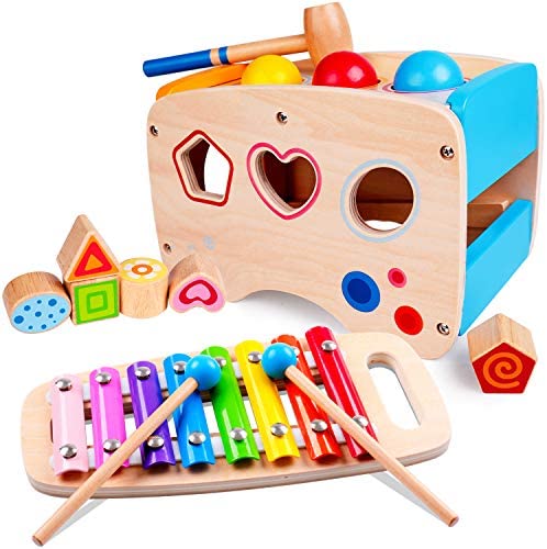 rolimate Hammering Pounding Toys Wooden Educational Toy Xylophone Shape Sorter, Birthday Gift for 1 2 3+ Years Boy Girl Baby Toddler Kids Developmental Montessori Learning Block Ball Toy Fine Motor