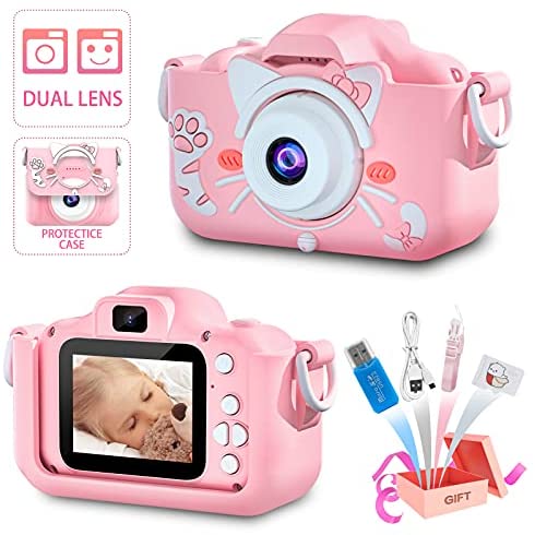 goopow Kids Camera, Kids Digital Video Camera Camcorder, Toddler Camera Toys for 3 4 5 6 7 8 9 Year Old Boys Girls, Christmas Birthday Gifts for Age 3-9 Girls Boys with 32GB SD Card - Pink Cat