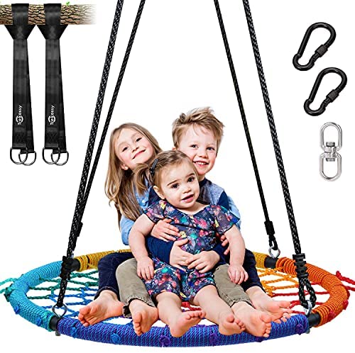 Trekassy 750lbs Spider Web Tree Swing 40 inch for Kids Adults with Swivel and 2 Hanging Straps---Rainbow