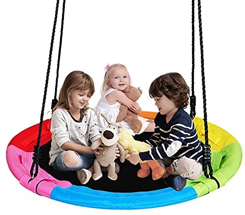 40”Large Swing Saucer，Outdoor Round Tree Swing Durable Steel Frame,Adjustable Hanging Ropes for Kids Playground/Backyard Fun