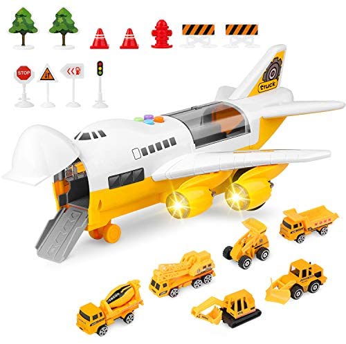 BAZOVE Car Toys Set with Transport Cargo Airplane, Mini Educational Vehicle Construction Car Set for Kids Toddlers Boys Child Gift for 3 4 5 6 Years Old, 6 Cars, 1 Large Plane, 11 Road Signs（Yellow）…
