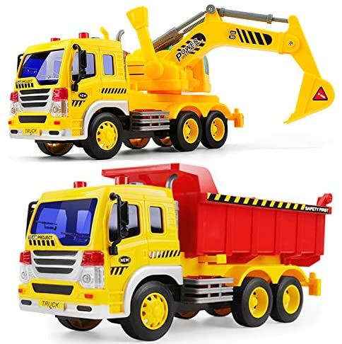 Gizmovine 2Pcs Engineering Truck Toys Set, Excavator Toys with Lights and Sounds, Powered Dump Construction Vehicles for Boys Girls Kids, 1:16 Scale