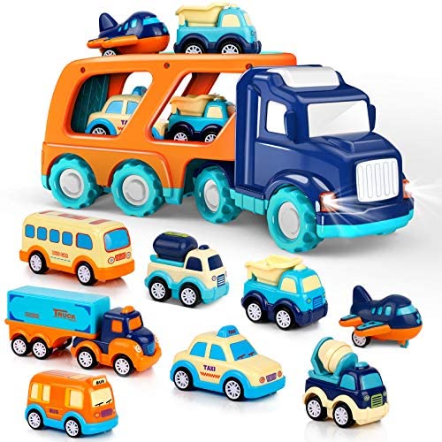 9 Pack Cars Toys for 2 3 4 5 Years Old Toddlers Boys and Girls Gift, Big Transport Truck with 8 Small Cute Pull Back Trucks, Colorful Assorted Vehicles Playset, Carrier Truck with Sound and Light