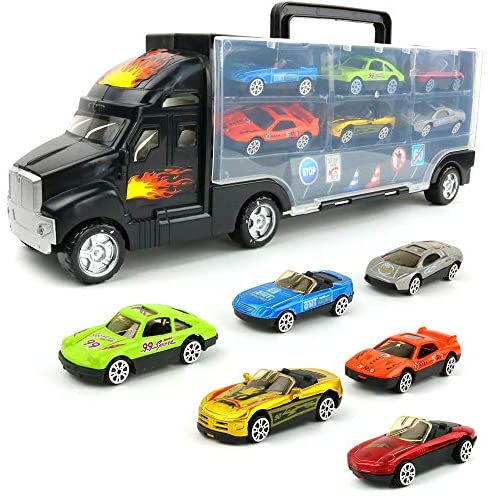 Transport Car Carrier Truck - with 6 Stylish Metal Racing Cars - with Carrying Case