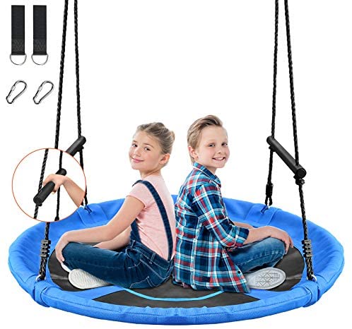 Treeswin Saucer Tree Swing 46 Inch, 800 lb Weight Capacity Outdoor Flying Swing with Tree Strap, Textliene Fabric Waterproof Durable Steel Frame and Carabiner for Playground and Backyard (Blue)