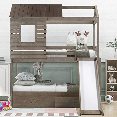 House Bunk Beds, Wood Bunk Beds with Roof and Guardrail for Kids, No Box Spring Needed (Antique Grey (Slide), Twin Over Twin)