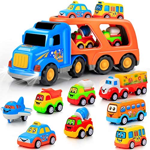 9 pcs Cars Toys for 2 3 4 5 Years Old Toddlers, Big Carrier Truck with 8 Small Cartoon Pull Back Cars, Colorful Assorted Vehicles, Transport Truck with Sound and Light, Best Gift for Boy and Girl