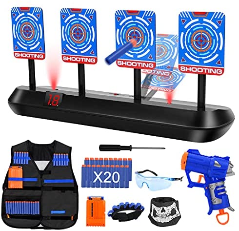 Kids Tactical Vest Kit for Nerf Guns with Electronic Shooting Target, 4 Targets Digital Scoring Auto Reset Shooting Target Game Toy with Foam Dart Blasters Gun for Age 5,6,7,8,9,10+ Years Kid/Boy Gift