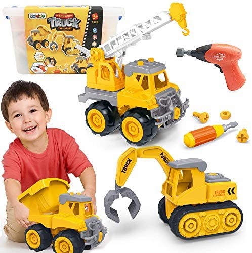 Kididdo Take Apart Truck for Boys and Girls,Set of 3 Construction Vehicles for Kids, Build a Dump Truck, Excavator and Crane, Take a Part Truck Toy with Drill and Tools for Toddlers 3-5 Years Old
