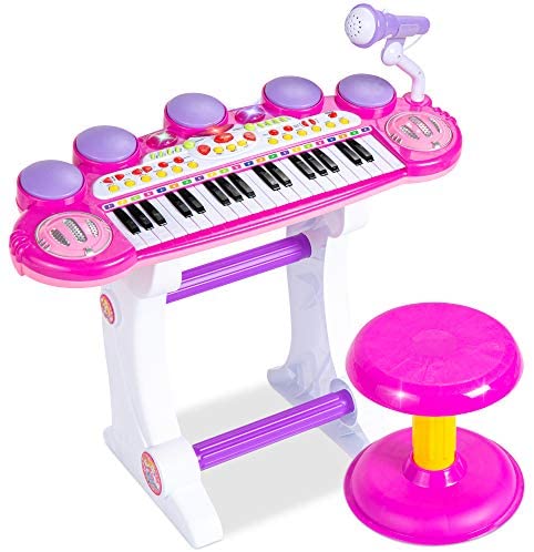 Best Choice Products 37-Key Kids Electronic Musical Instrument Piano Learning Toy Keyboard w/ Multiple Sounds, Lights, Microphone, Stool - Pink