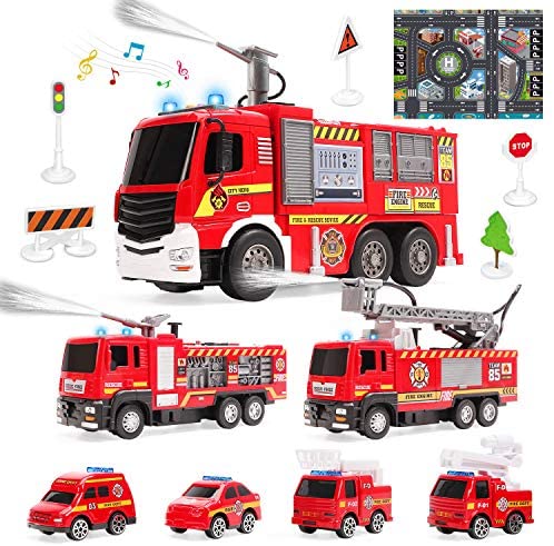 7 Pack Fire Trucks with Water Spraying Function, Fireman Toy Firetrucks with Sound and Light, Pull Back Cars, Friction-Powered Vehicles, Birthday Gift for Toddlers and 3+ Year Old Boys