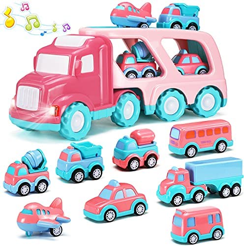 Pink Car Carrier Truck Set(9 in 1) with Lights and Sounds, Friction Powered Double Deck Container Transport Truck with 8 Mini Cartoon Pull Back Vehicles, Girls Toy for Kid Child Toddler Birthday Gift