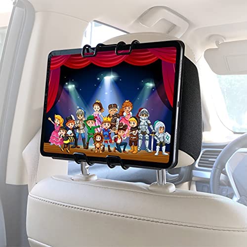 Macally Car Headrest Tablet Holder - (Upgraded) iPad Car Mount Back Seat with Viewing Angle Adjustment and Elastic Straps - Keep Your Kids Happy - Mount Vertically or Horizontally