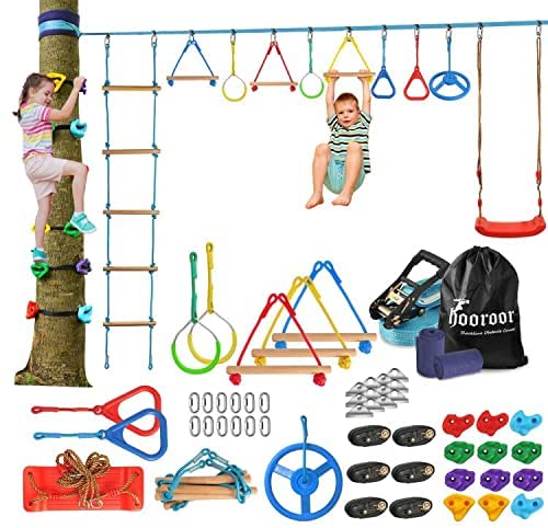 hooroor Slackline Warrior Obstacle Course for Kids-66FT Slack Line with Tree Climbing Rock Holds, Swing Seat, Monkey Bars, Ring Wheel, Rope Ladder, Training Outdoor Playset & Backyard Jungle Gym