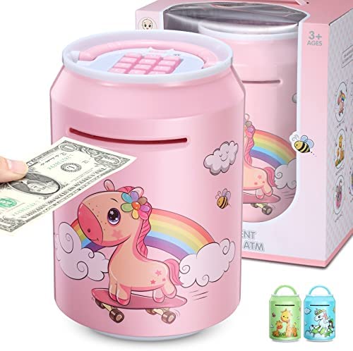 Puotey Piggy Bank, Gifts for 4 5 6 7 8 9 10 11 12 13 Year Old Boys Girls, Electronic Piggy Bank Perfect Kids Large Cartoon Automatic ATM Saving Bank with Password(Pink)