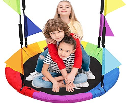 LANGXUN 40 Inch Rainbow Saucer Tree Swing for Kids and Adults, with Carabiners and Flags, 700 lb Weight Capacity, Steel Frame, Waterproof, Outdoor Swing Sets for Backyard