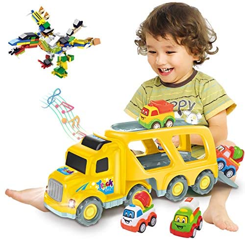 Toy for Boys Girls for 3 4 5 Year Olds Kids Construction Truck Friction Power Toy Vehicle Set Steering with Lights & Siren Sounds,Carrier Truck,Transport Car,Toy Excavator,Cement Mixe,Gifts Toddler