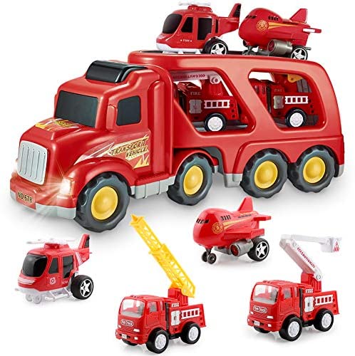 Fire Truck Car Toys Set, Friction Powered Car Carrier Trailer with Sound and Light, Play Vehicle Set for Kids Toddlers Boys Child Gift Age 3 4 5 6 7 Years Old, 2 Rescue Car, Helicopter, Plane